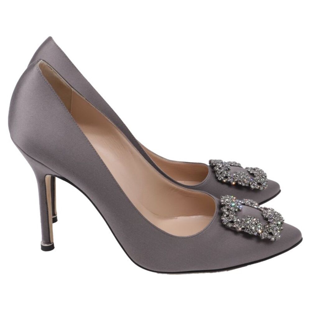 Manolo Blahnik Hangisi Jewel Buckle Pumps in Grey Satin